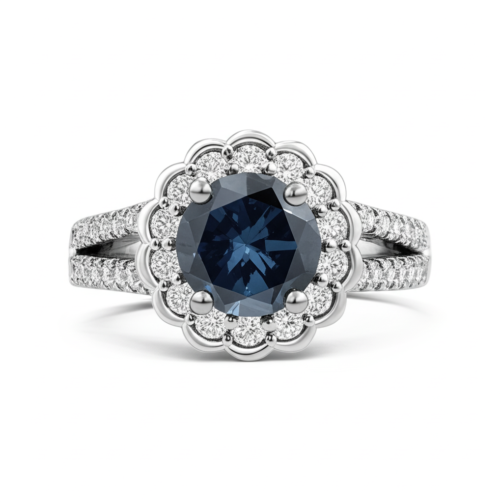 Runder Sri Lanka Blauer Saphir Halo Aus der Erde Abgebauter Natürlicher Diamantring 2,25 Karat Weißgold