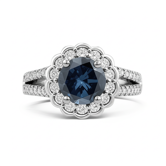 Runder Sri Lanka Blauer Saphir Halo Aus der Erde Abgebauter Natürlicher Diamantring 2,25 Karat Weißgold