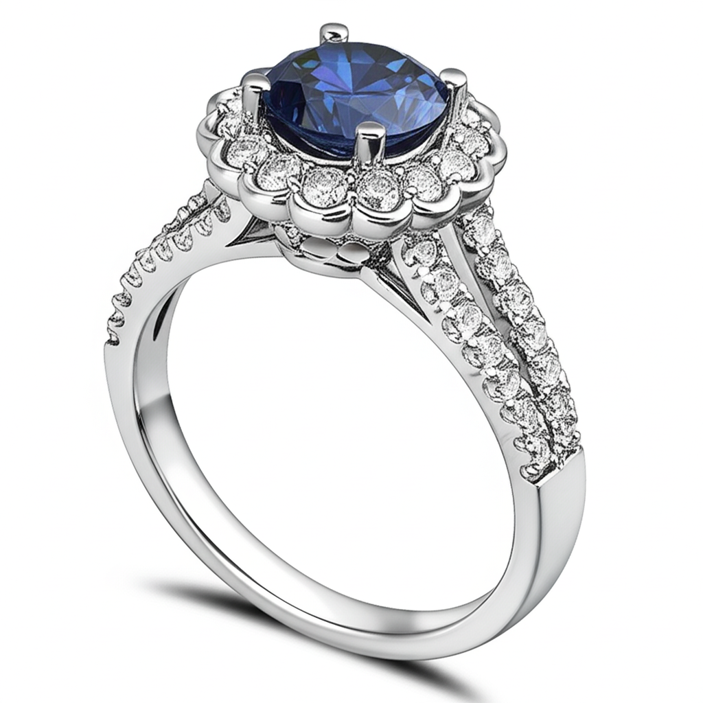 Runder Sri Lanka Blauer Saphir Halo Aus der Erde Abgebauter Natürlicher Diamantring 2,25 Karat Weißgold