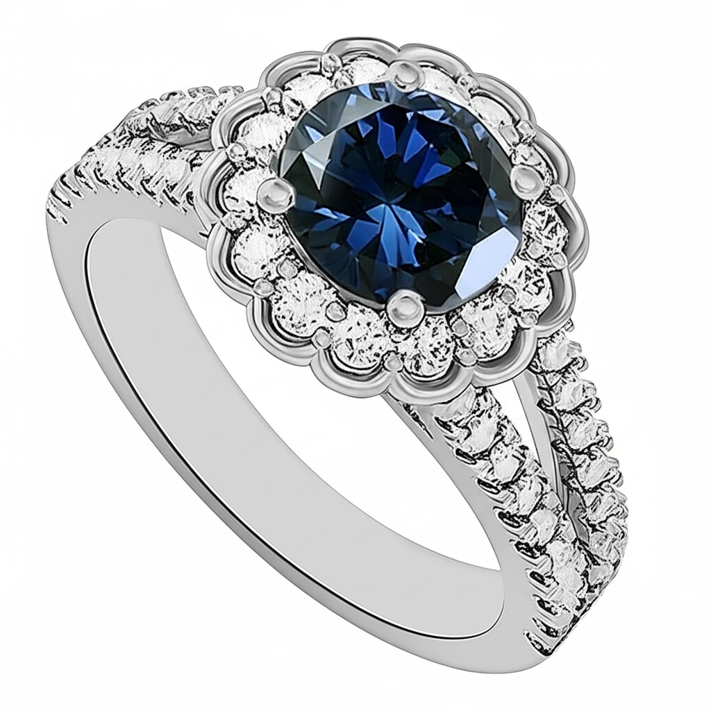 Runder Sri Lanka Blauer Saphir Halo Aus der Erde Abgebauter Natürlicher Diamantring 2,25 Karat Weißgold
