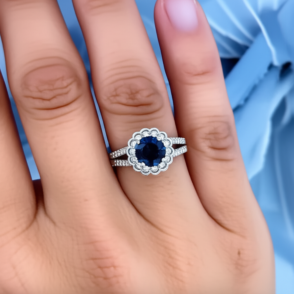 Runder Sri Lanka Blauer Saphir Halo Aus der Erde Abgebauter Natürlicher Diamantring 2,25 Karat Weißgold