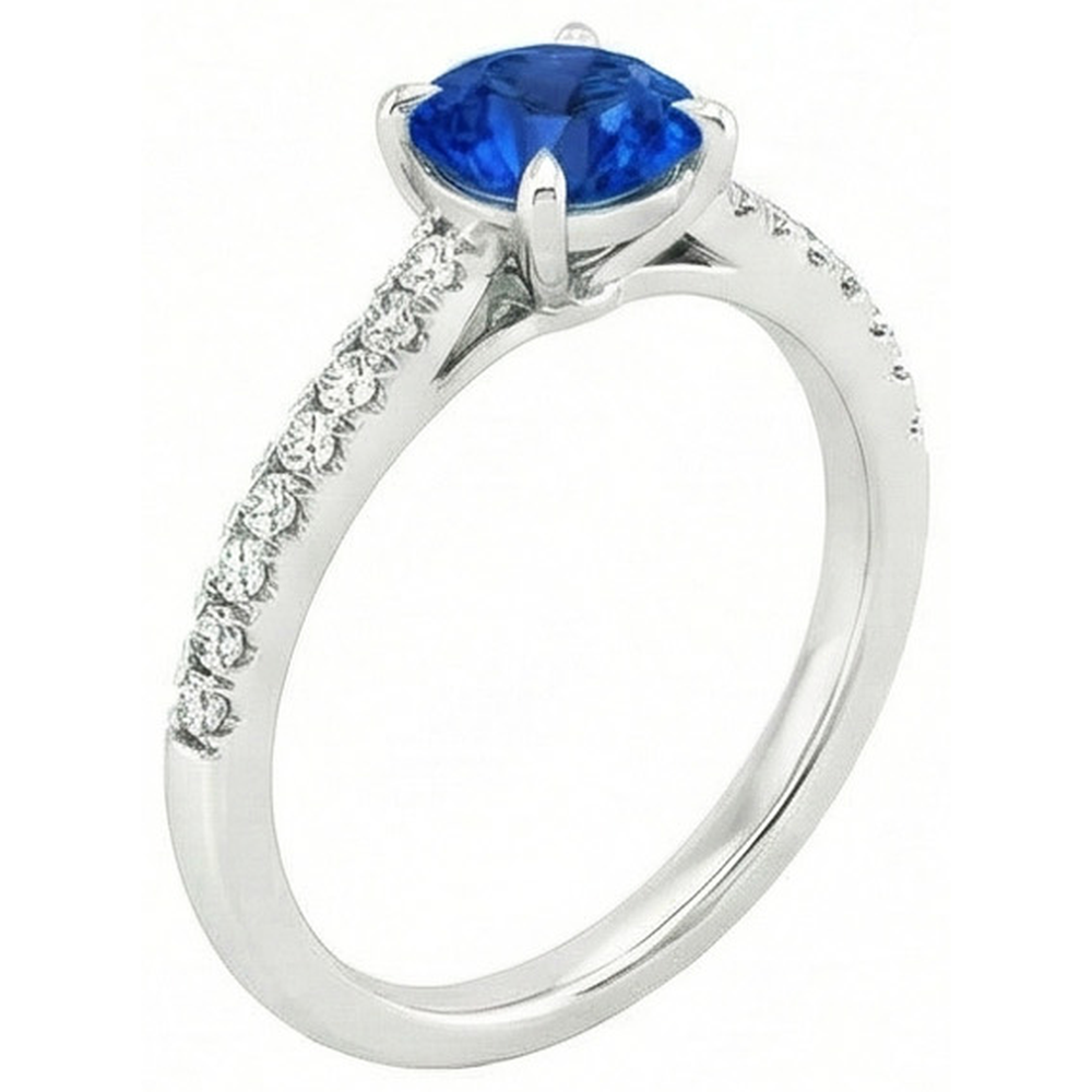 Runder Sri Lanka Saphir Ring Aus der Erde Abgebauter Natürlicher Diamant Schmuck Weiß Gold 14K