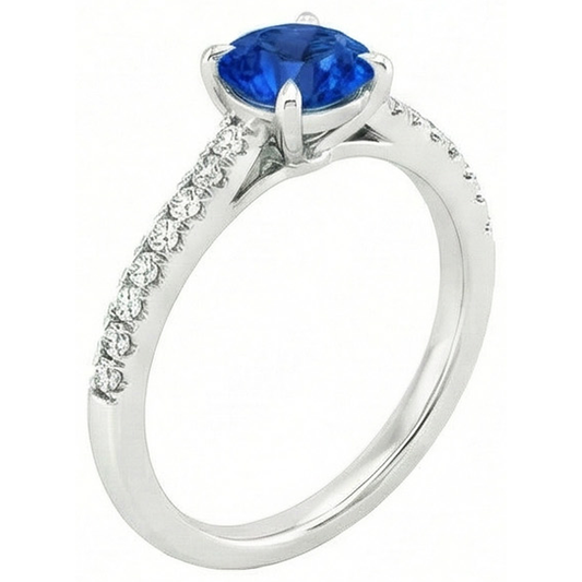 Runder Sri Lanka Saphir Ring Aus der Erde Abgebauter Natürlicher Diamant Schmuck Weiß Gold 14K