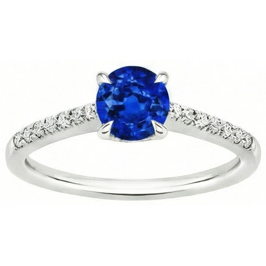 Runder Sri Lanka Saphir Ring Aus der Erde Abgebauter Natürlicher Diamant Schmuck Weiß Gold 14K
