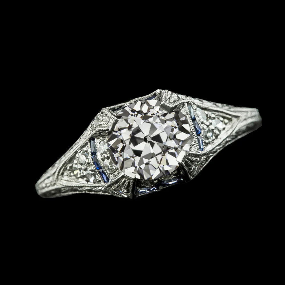 Runder alter Minenschliff Echt Diamant & Baguette blauer Saphirring 2,50 Karat