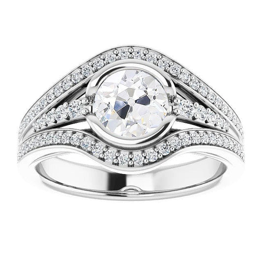 Runder alter Minenschliff Echt Diamant Ehering Dreifach geteilter Schaft 7 Karat