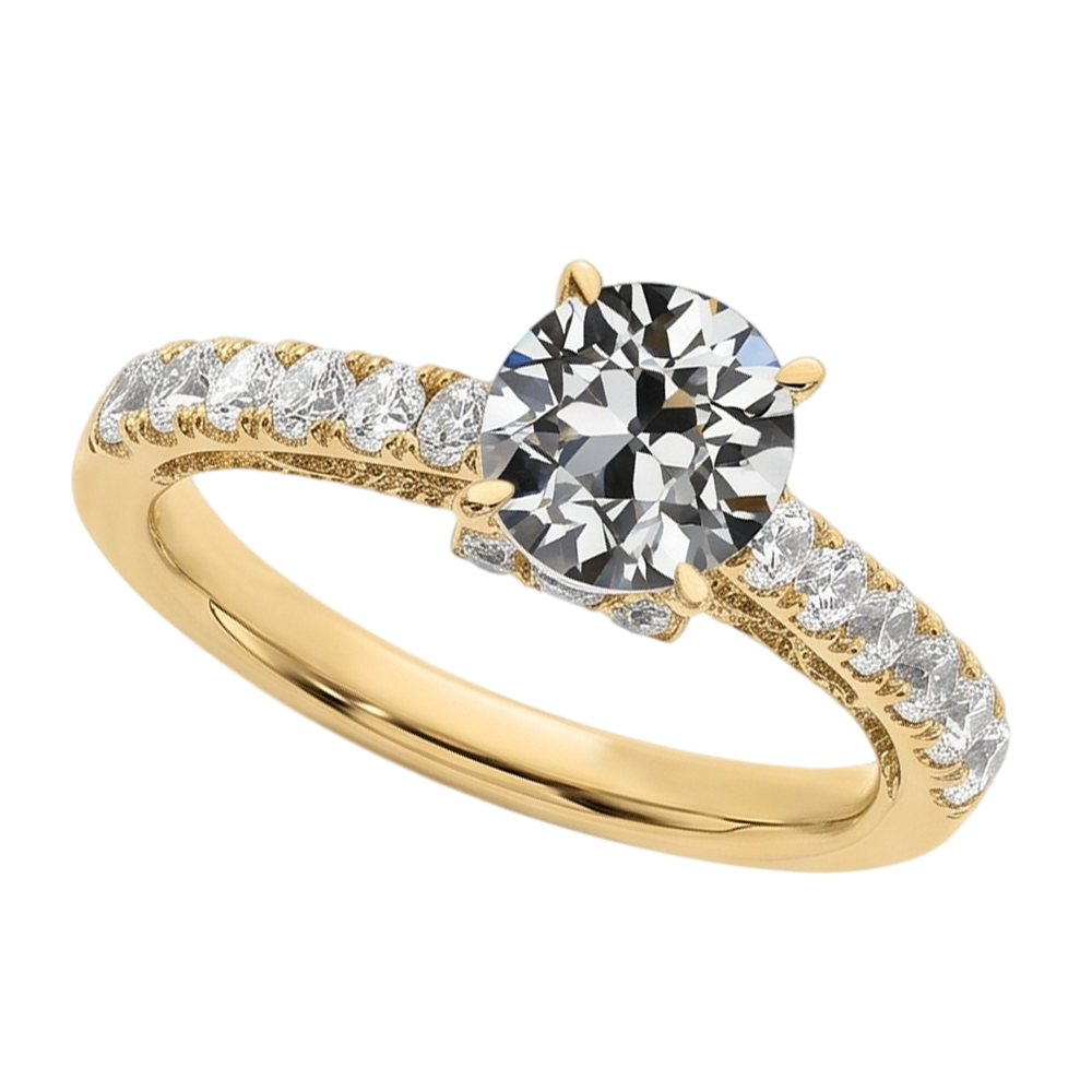 Runder alter Minenschliff Natürlicher Diamant ( nicht im Labor gezüchtet ) Ring Fischschwanz Satz Schmuck 3 Karat Gelbgold