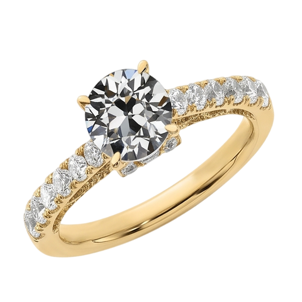 Runder alter Minenschliff Natürlicher Diamant ( nicht im Labor gezüchtet ) Ring Fischschwanz Satz Schmuck 3 Karat Gelbgold