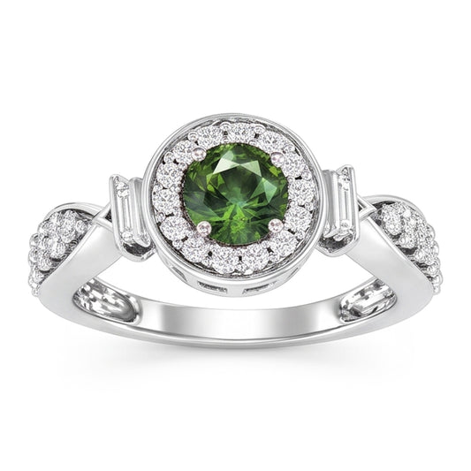 Runder grüner Saphir-Aus der Erde Abgebauter Natürlicher Diamant-Ring Weißgold-Schmuck 1.35 ct.