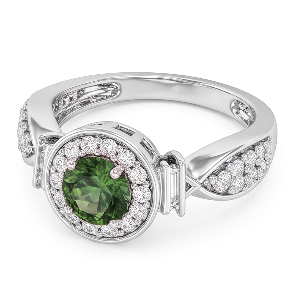Runder grüner Saphir-Aus der Erde Abgebauter Natürlicher Diamant-Ring Weißgold-Schmuck 1.35 ct.
