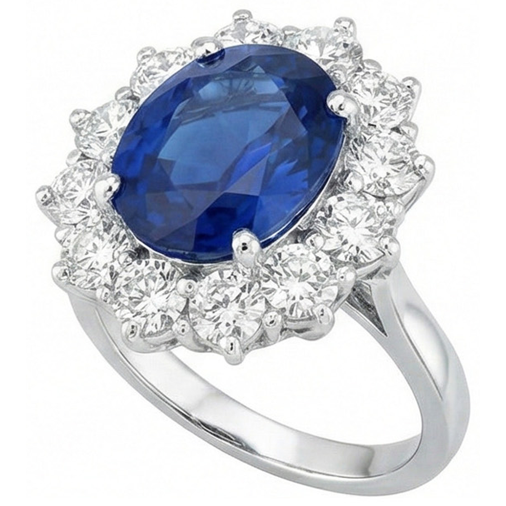 Runder und ovaler Ceylon Saphir 6 Karat Aus der Erde Abgebauter Natürlicher Diamantring Weißgold 14K