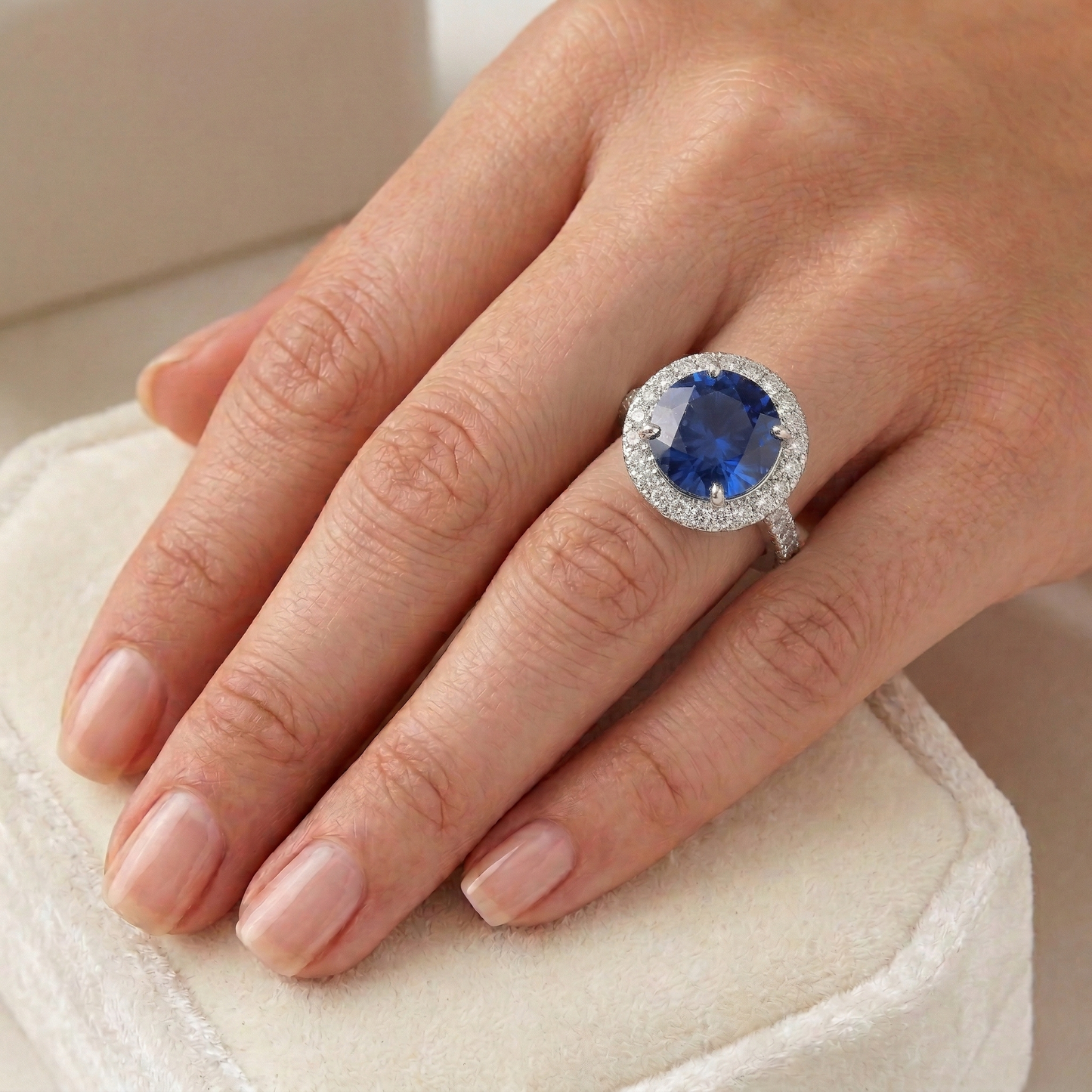 Runder srilankischer Saphirdiamantenring 5.75 Karat Weißgold 14K