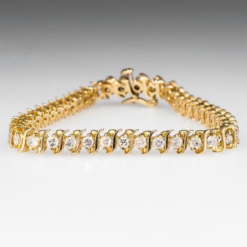 Rundes Echt Diamant-S-Link-Tennisarmband aus 14 Karat Gelbgold