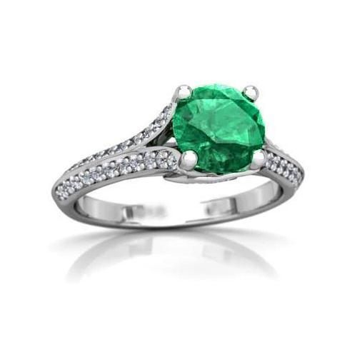 Rundschliff 3,20 Ct. Grün Smaragd Und Diamanten Ehering Gold Weiß 14K
