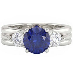 Rundschliff Drei-Stein-Ceylon-Saphir-Aus der Erde Abgebauter Natürlicher Diamant-Ring 1.75 Karat WG 14K