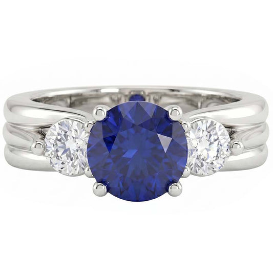 Rundschliff Drei-Stein-Ceylon-Saphir-Aus der Erde Abgebauter Natürlicher Diamant-Ring 1.75 Karat WG 14K