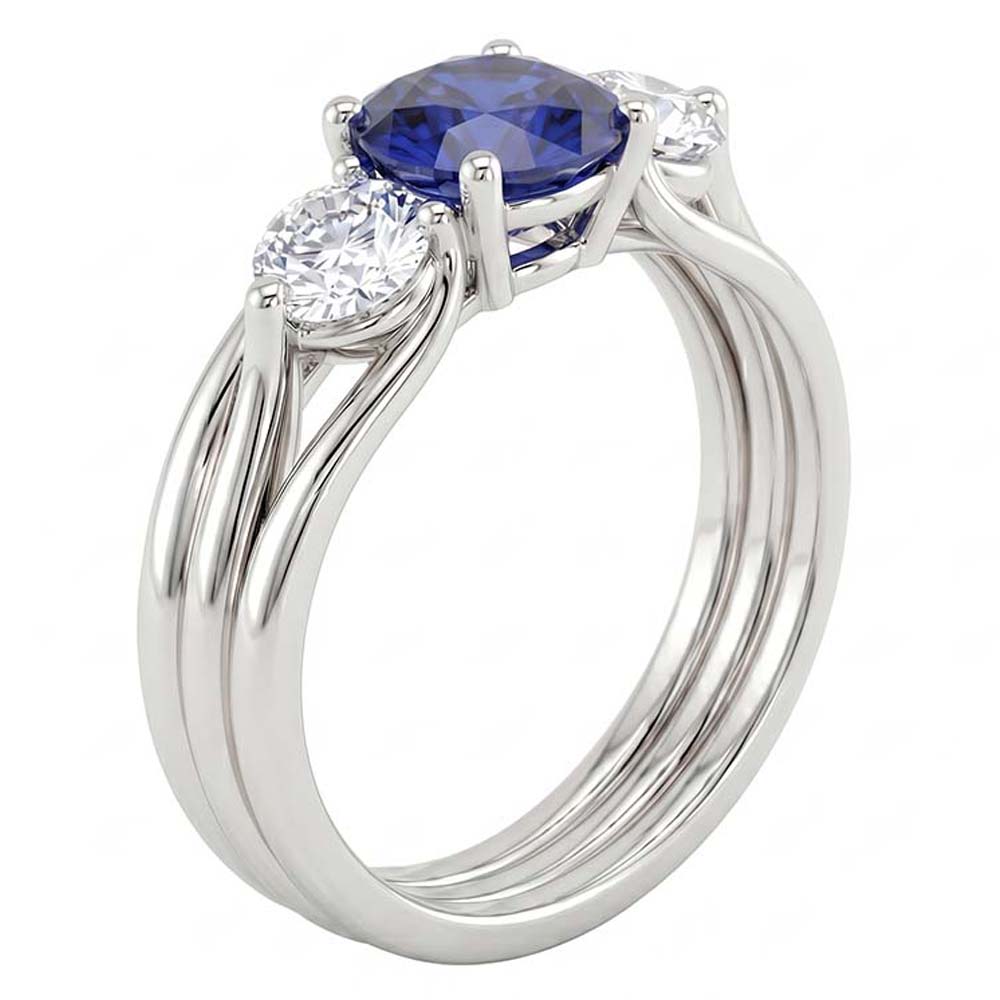 Rundschliff Drei-Stein-Ceylon-Saphir-Aus der Erde Abgebauter Natürlicher Diamant-Ring 1.75 Karat WG 14K
