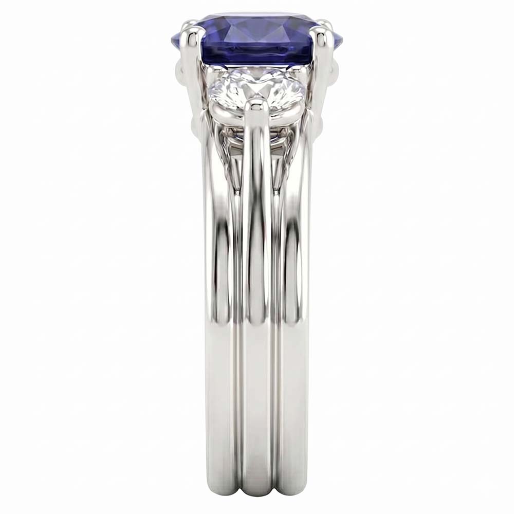 Rundschliff Drei-Stein-Ceylon-Saphir-Aus der Erde Abgebauter Natürlicher Diamant-Ring 1.75 Karat WG 14K