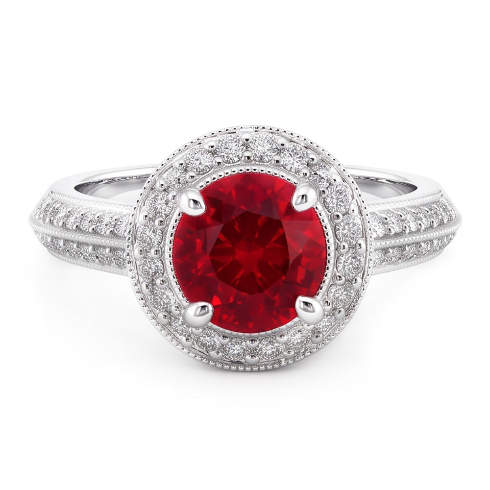 Rundschliff Roter Saphir Aus der Erde Abgebauter Natürlicher Diamant Ring Weißgold Schmuck 1,5 Karat