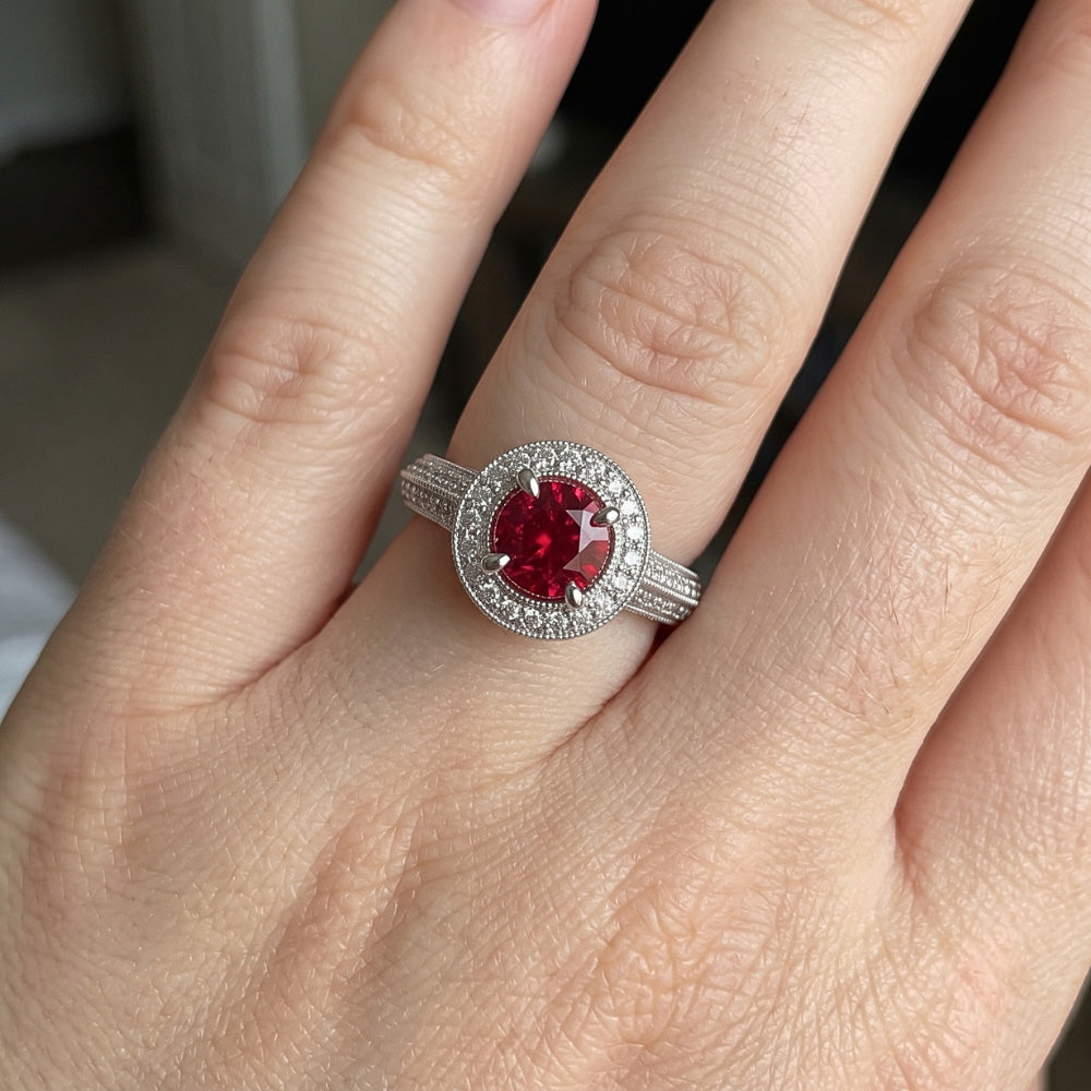 Rundschliff Roter Saphir Aus der Erde Abgebauter Natürlicher Diamant Ring Weißgold Schmuck 1,5 Karat