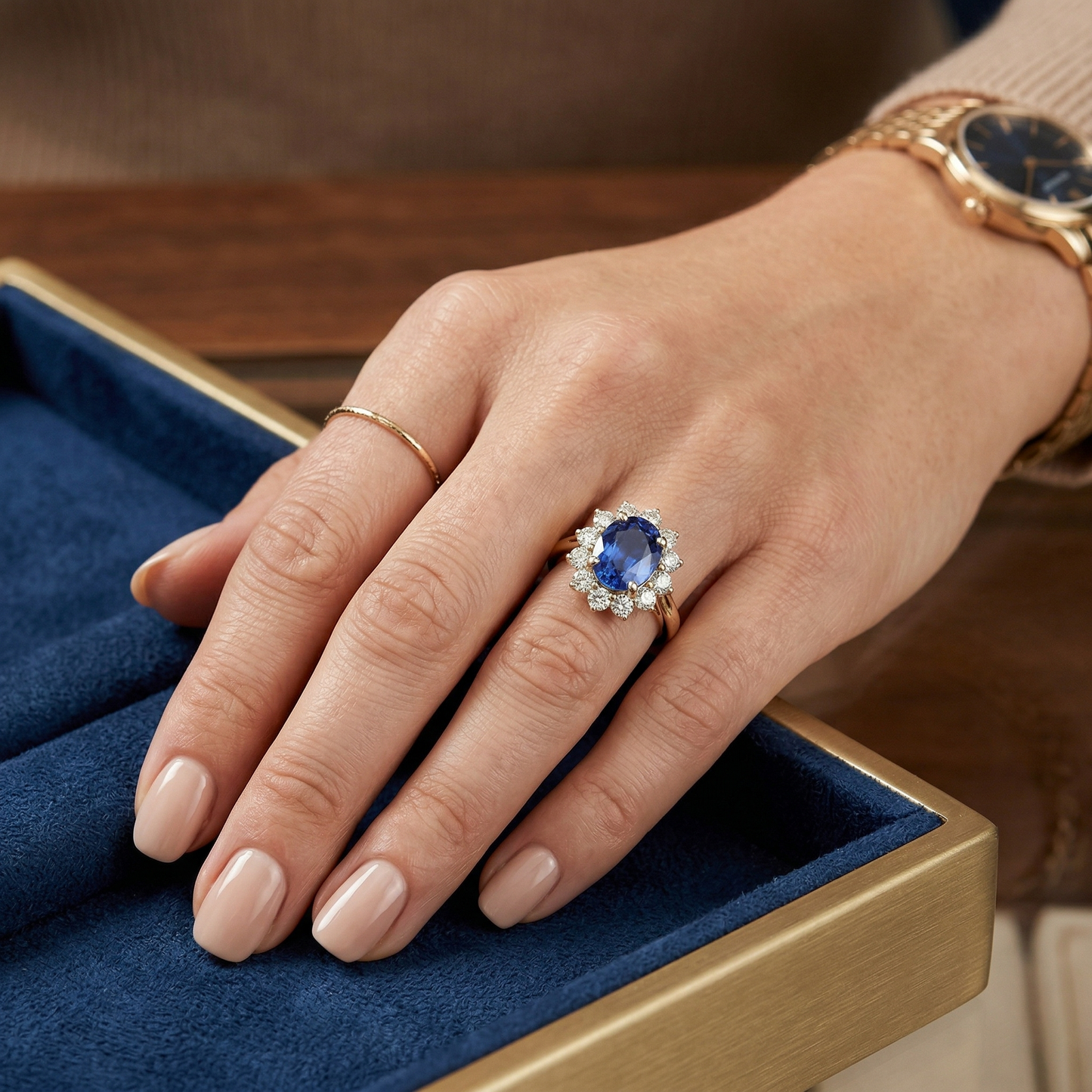 Rundschliff Sri Lanka Blauer Saphir Aus der Erde Abgebauter Natürlicher Diamanten 3 Karat Ring