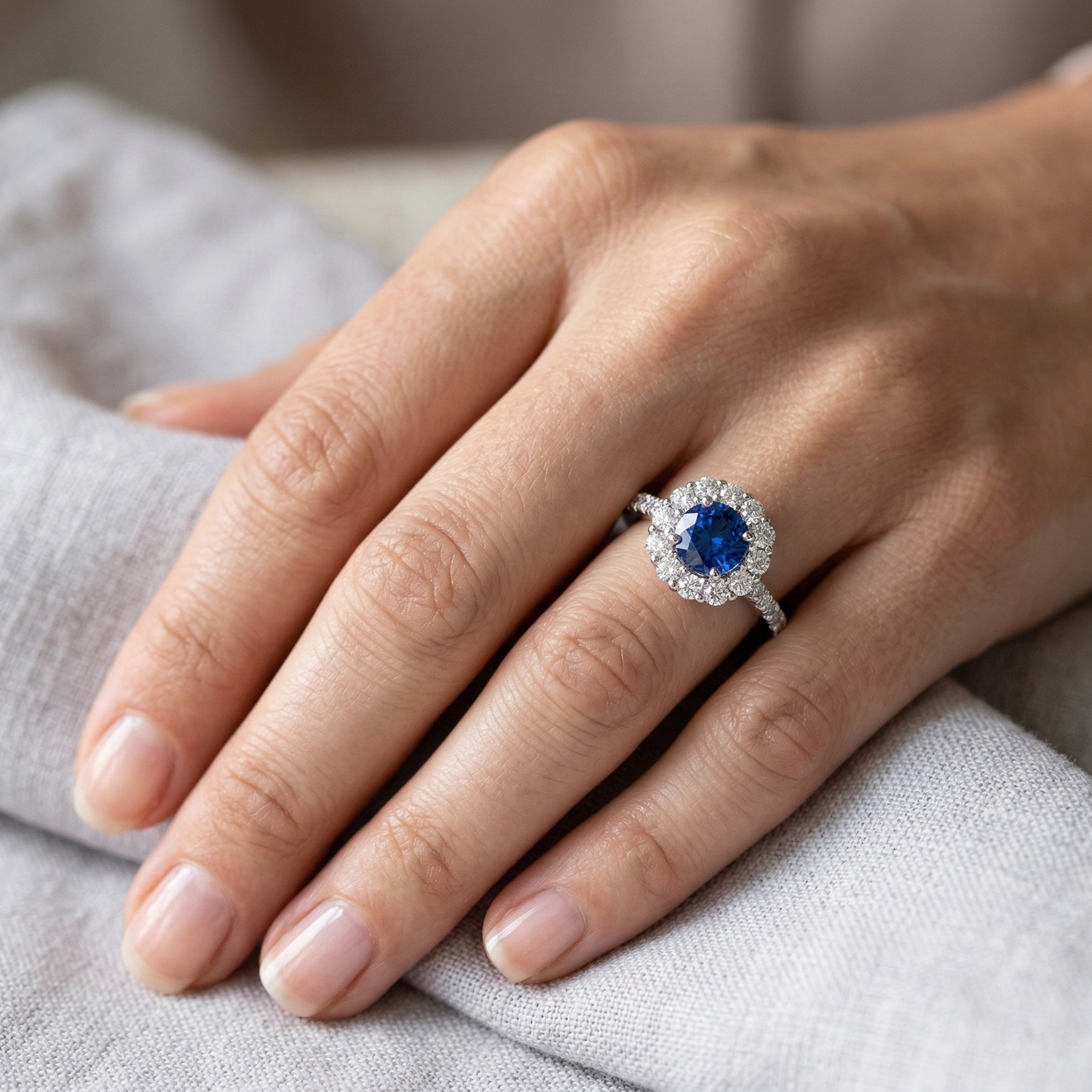 Rundschliff Sri Lanka Saphir Aus der Erde Abgebauter Natürlicher Diamant Ring Gold 14K 1.50 Karat