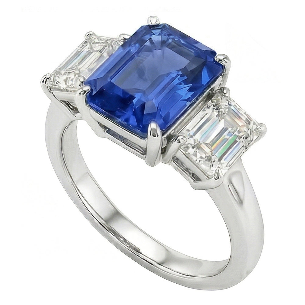 Saphir-Jubiläumsring Natürlicher Diamant ( nicht im Labor gezüchtet )en im Smaragdschliff 3 Steine 2.50 Karat