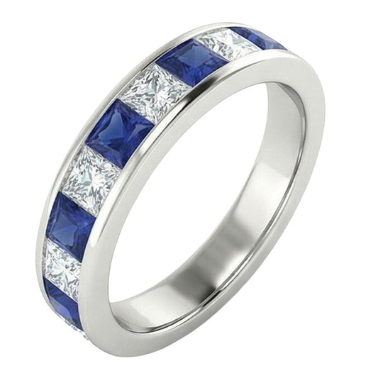Saphir & Aus der Erde Abgebauter Natürlicher Diamant Prinzessin Eternity Band 1 Karat Weißgold