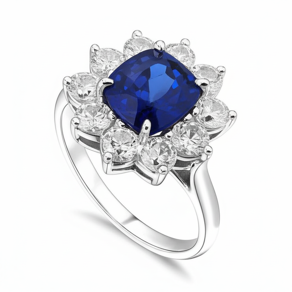 Saphir im Kissenschliff mit Aus der Erde Abgebauter Natürlicher Diamanten 3.50 ct Jubiläumsring Weiß