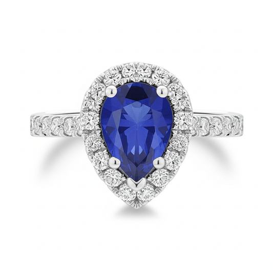 Saphir- und Aus der Erde Abgebauter Natürlicher Diamantring im Birnenschliff