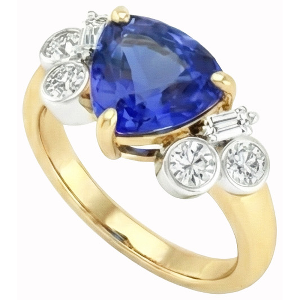 Saphirdiamanten aus Sri Lanka im Trillionenschliff aus Gelbgold 6.11 ct. Ring