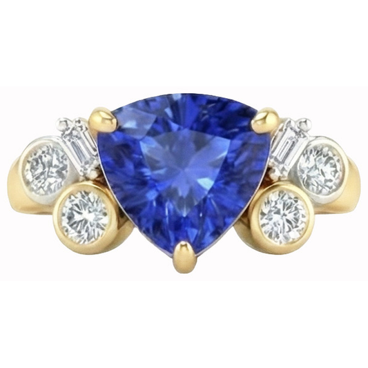 Saphirdiamanten aus Sri Lanka im Trillionenschliff aus Gelbgold 6.11 ct. Ring