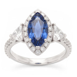 Saphir-Verlobungsring 3 Karat Echter Blauer Marquise Halo Drei-Stein Platin