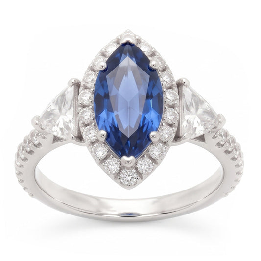 Saphir-Verlobungsring 3 Karat Echter Blauer Marquise Halo Drei-Stein Platin