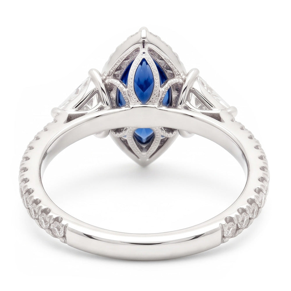 Saphir-Verlobungsring 3 Karat Echter Blauer Marquise Halo Drei-Stein Platin