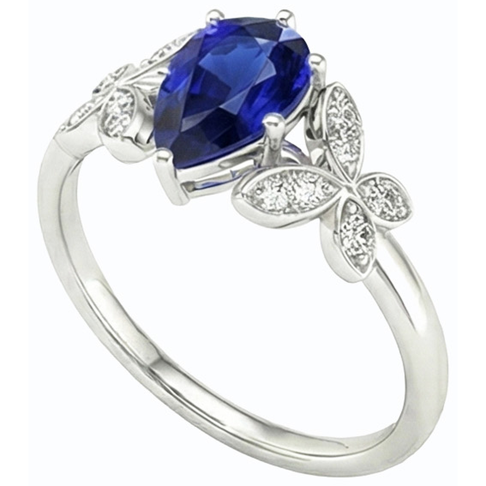 Schmetterlings-Natürlicher Diamant ( nicht im Labor gezüchtet )-Verlobungsring Birne Ceylon Saphir 3 Karat