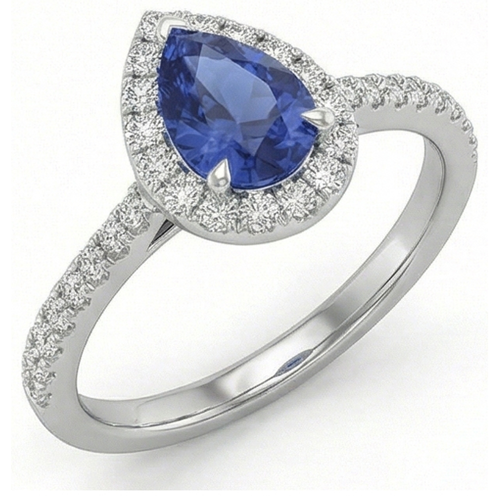 Schöne Birnenform Sri Lanka Blauer Saphir-Aus der Erde Abgebauter Natürlicher Diamant-Ring Gold 2 Ct