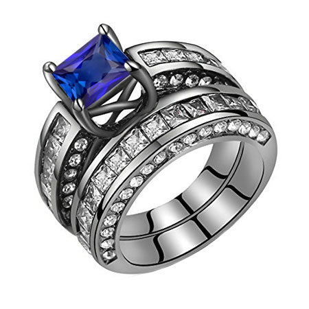 Schwarz Gold Princess Diamant Blue Saphir Verlobungsring Set