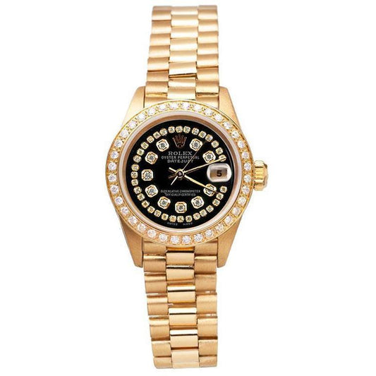 Schwarze Rolex Presidente-Uhr mit Diamant-Zifferblatt und Datejust-Diamantlünette