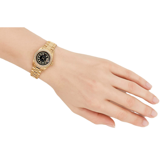 Schwarze Rolex Presidente-Uhr mit Diamant-Zifferblatt und Datejust-Diamantlünette