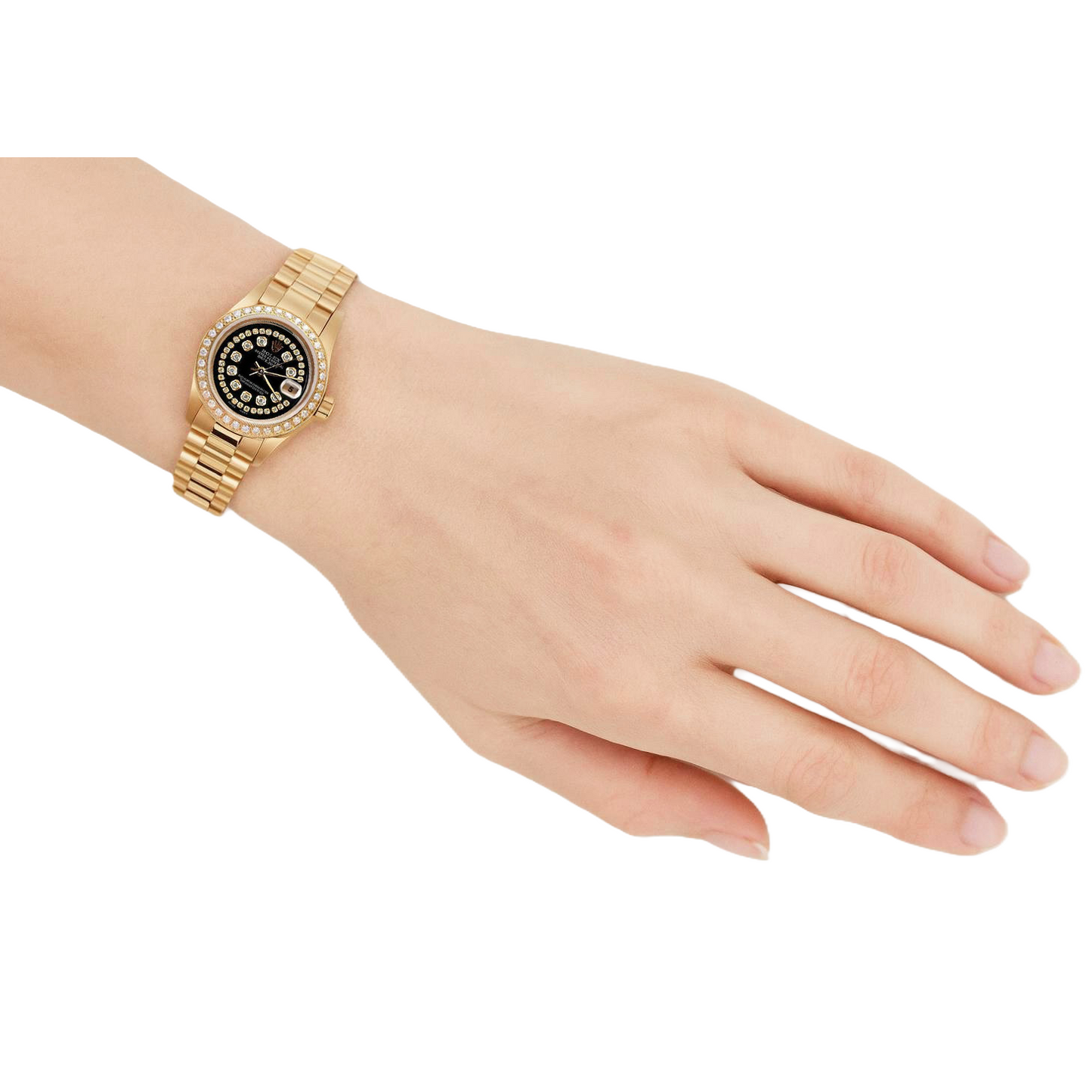 Schwarze Rolex Presidente-Uhr mit Diamant-Zifferblatt und Datejust-Diamantlünette