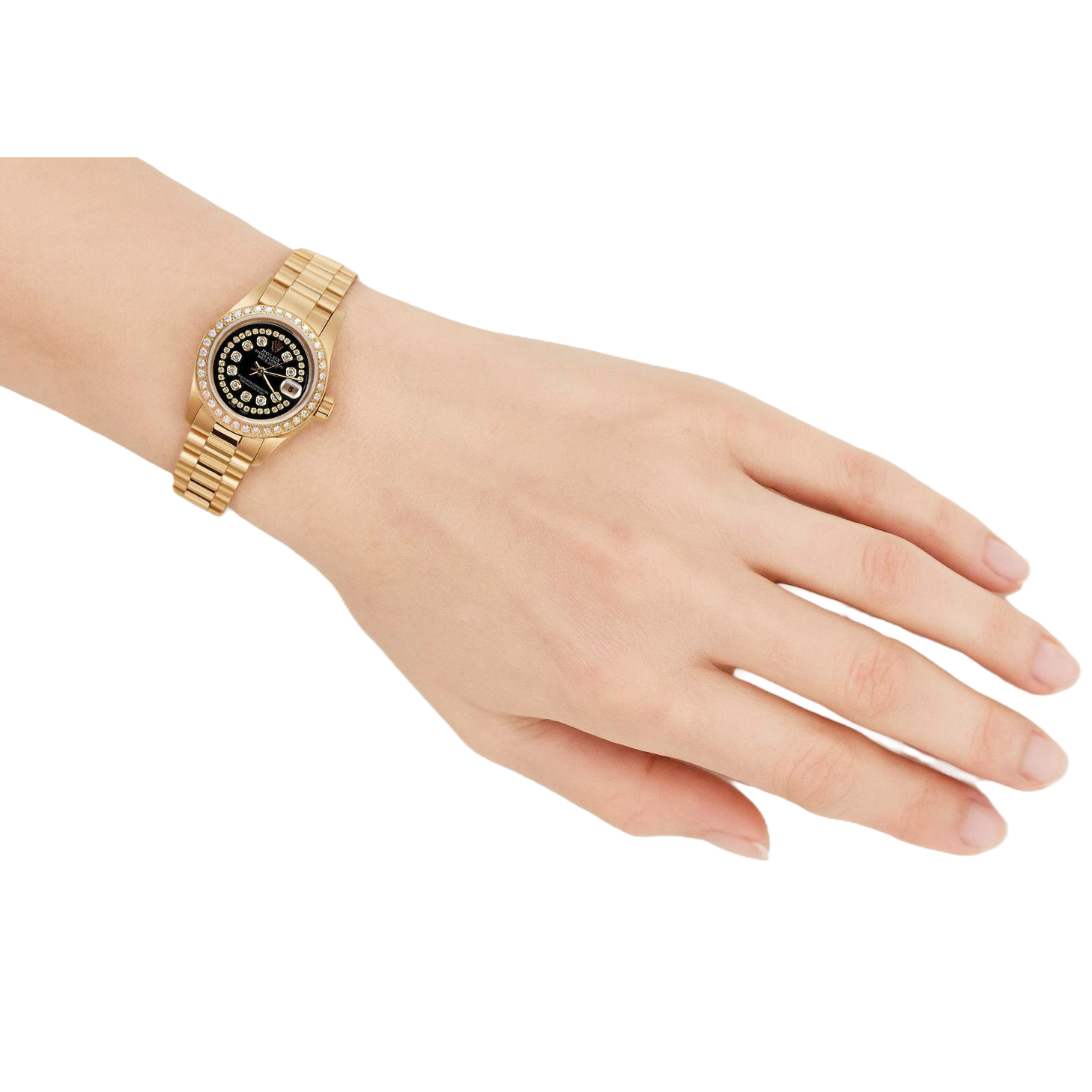 Schwarze Rolex Presidente-Uhr mit Diamant-Zifferblatt und Datejust-Diamantlünette