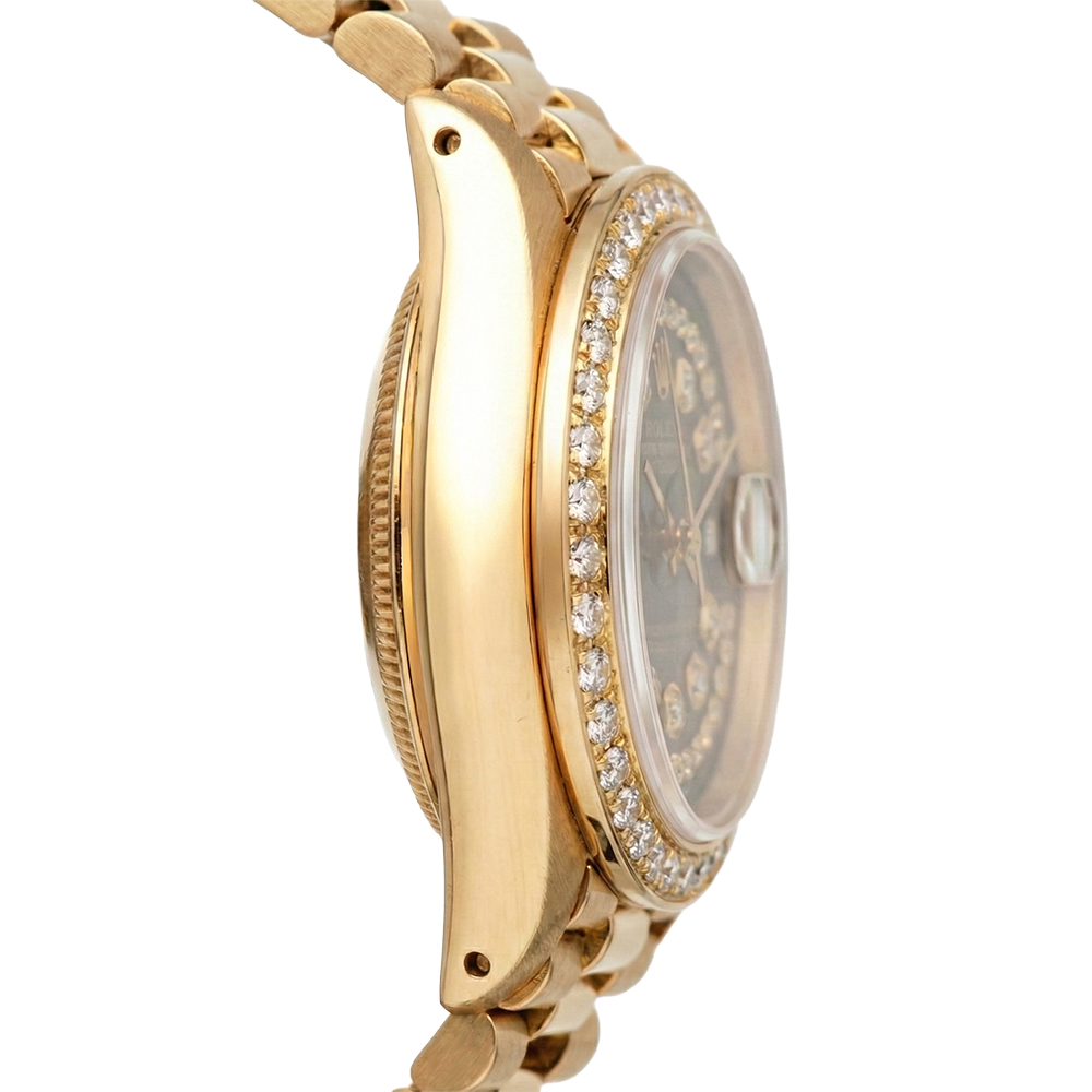 Schwarze Rolex Presidente-Uhr mit Diamant-Zifferblatt und Datejust-Diamantlünette