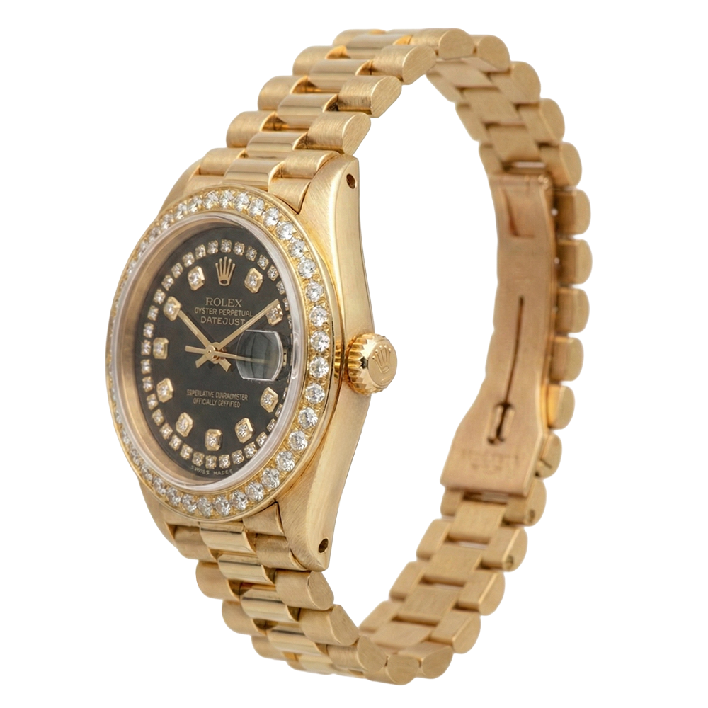 Schwarze Rolex Presidente-Uhr mit Diamant-Zifferblatt und Datejust-Diamantlünette