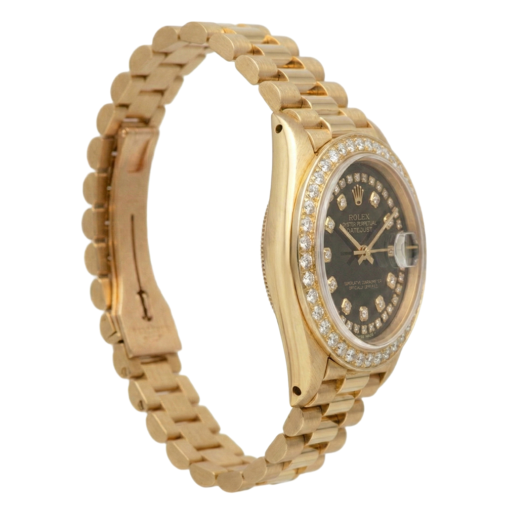 Schwarze Rolex Presidente-Uhr mit Diamant-Zifferblatt und Datejust-Diamantlünette