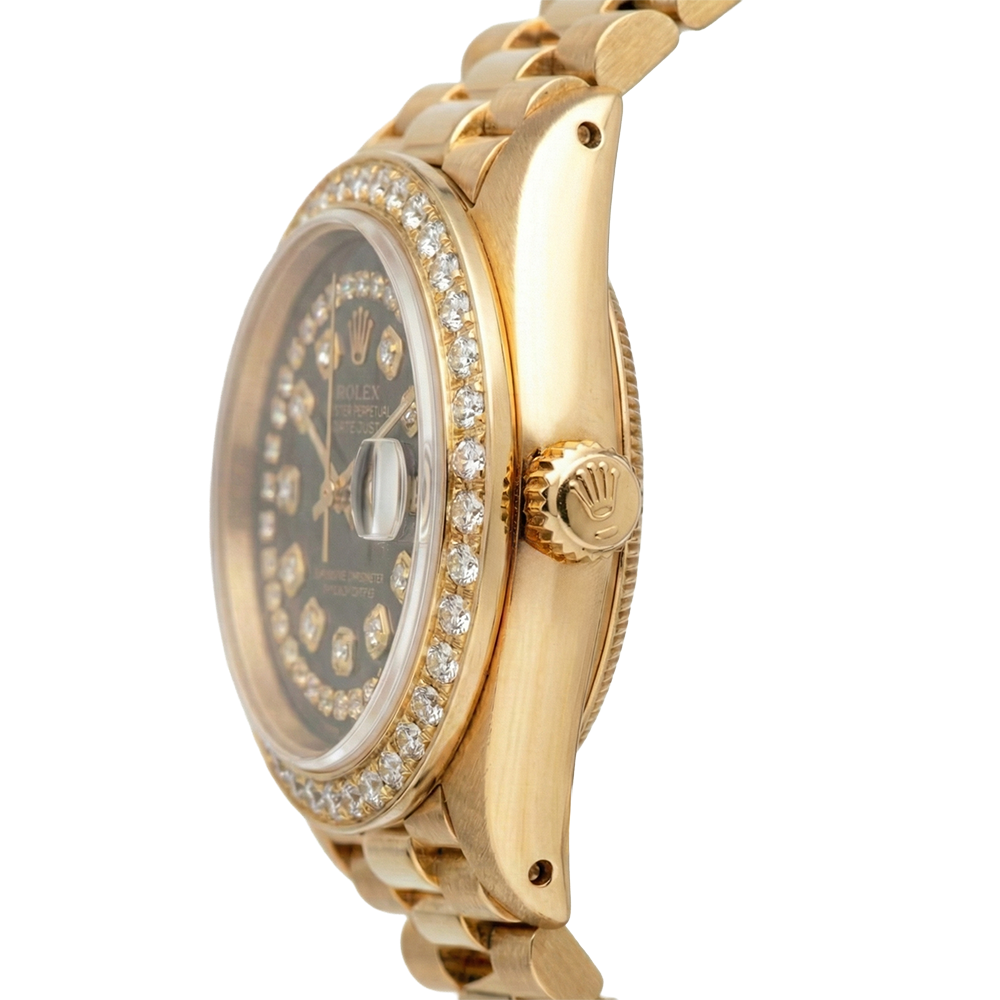 Schwarze Rolex Presidente-Uhr mit Diamant-Zifferblatt und Datejust-Diamantlünette