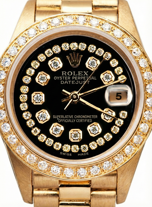 Schwarze Rolex Presidente-Uhr mit Diamant-Zifferblatt und Datejust-Diamantlünette