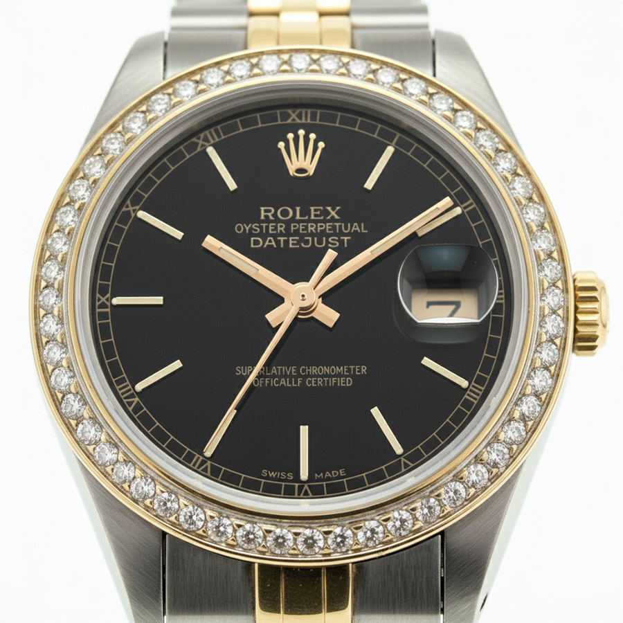Schwarzes Stick-Zifferblatt Datejust Damen Rolex-Uhr Zweifarbig Jubilee