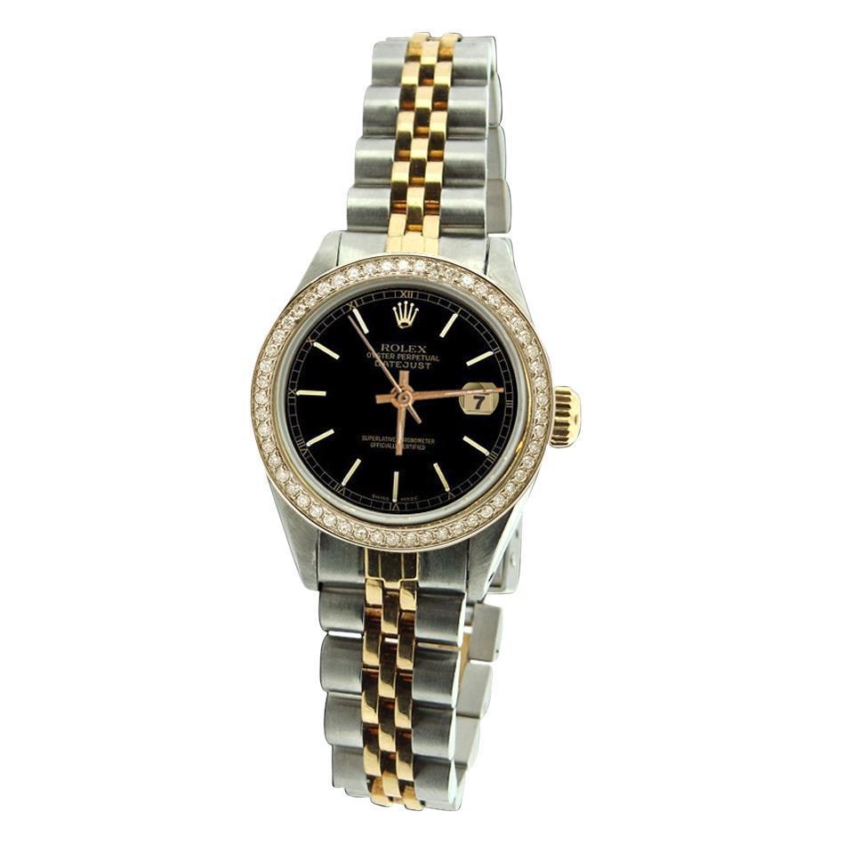 Schwarzes Stick-Zifferblatt Datejust Damen Rolex-Uhr Zweifarbig Jubilee
