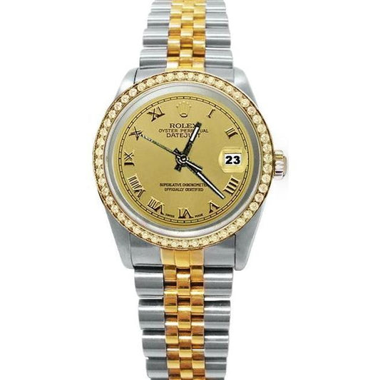 Sehr feine Rolex Datejust Uhr mit römischem Zifferblatt und Diamantlünette, zweifarbig, SCHNELLSET
